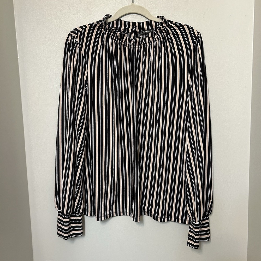 Adrianna Papell Striped Ruffle Mock Neck Blouse Black Pink White Long Sleeve XL